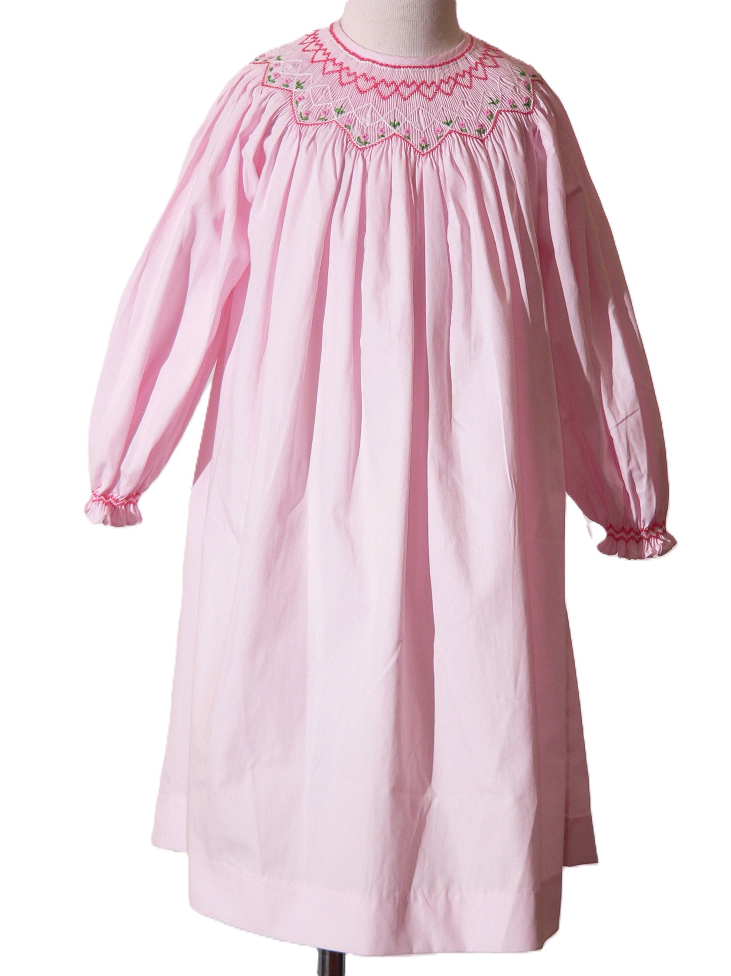 Light Pink Geometric Smocked with Flowers Long Bishop Sleeve Dress