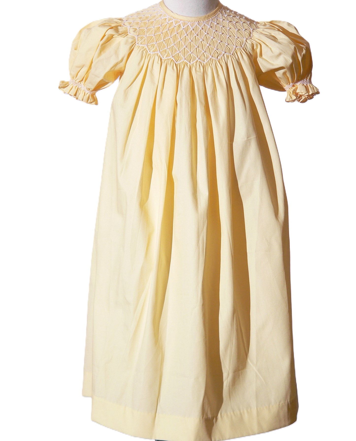 Yellow Geometric Smocked With Pearls Short Sleeve Bishop Dress