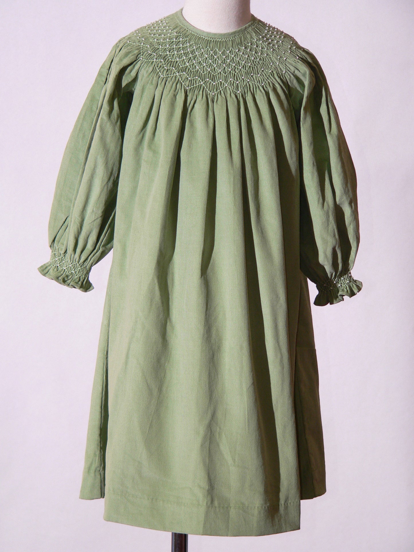 Sage Green Corduroy Smocked with Pearl Bishop Dress