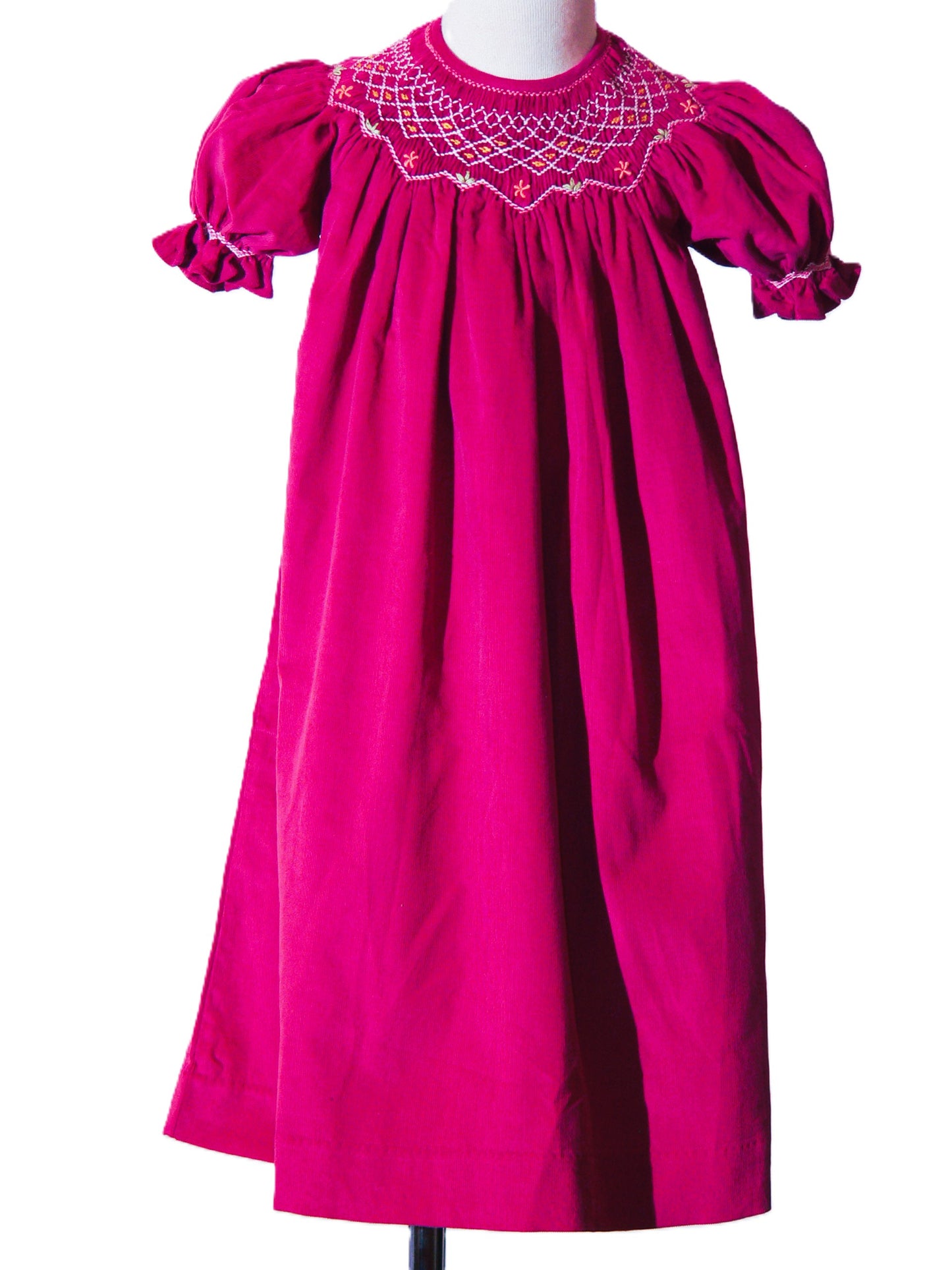Hot Pink Corduroy Geo Smocked Long Sleeve Bishop Dress With Flowers