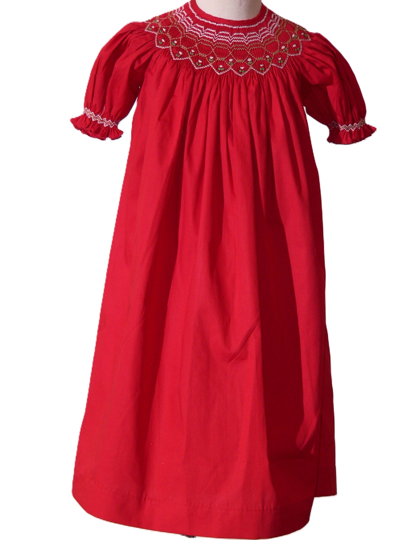 Red Geometric Smocked With Short Bishop Sleeve Dress