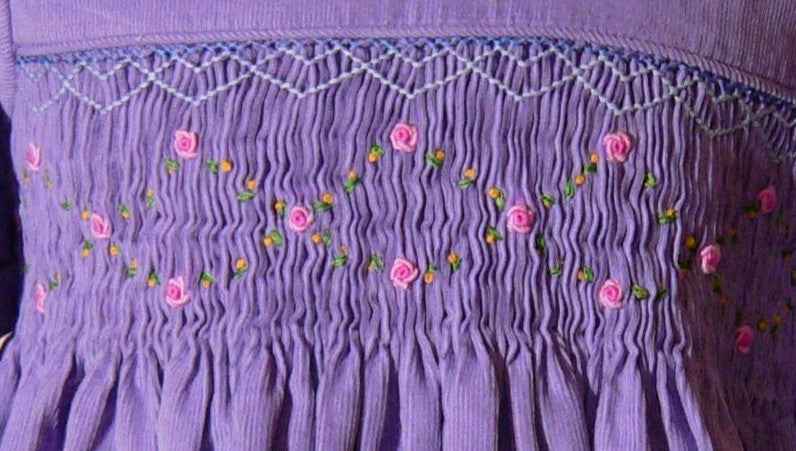 Purple Corduroy Geo Smocked With Roses Long Sleeve Bishop Romper