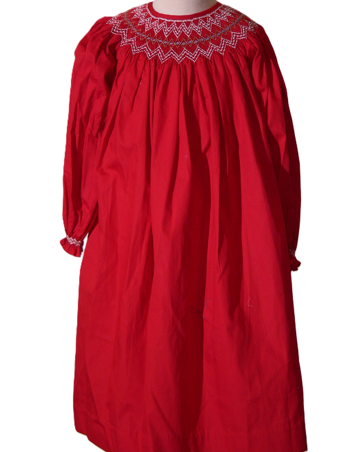 Red Pearl Geometric Smocked With Long Bishop Sleeve Dress