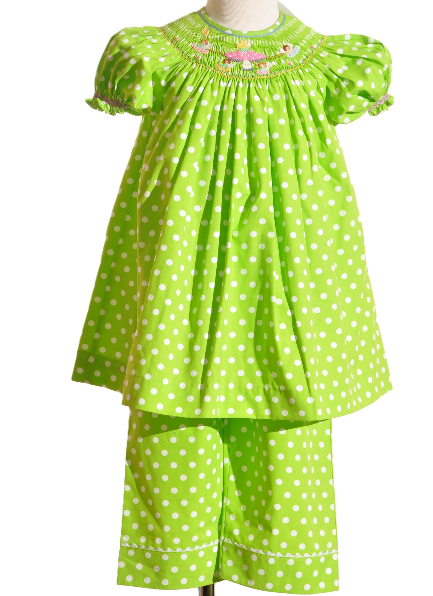 Green Mushroom Faries Smocked Short Sleeve Pant Set