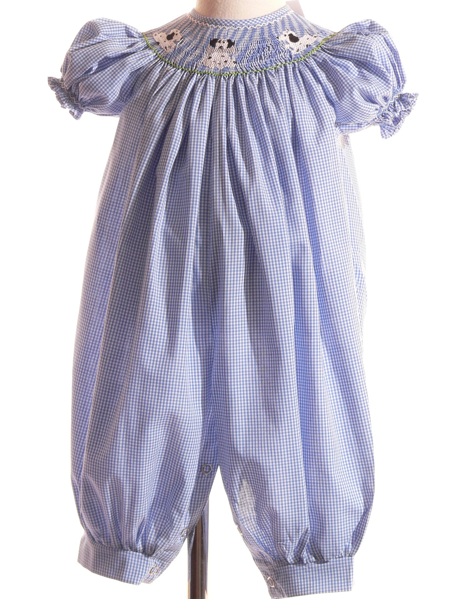Blue Gingham Short Bishop Sleeve Dress Featuring PUPPIES Hand-Smocked