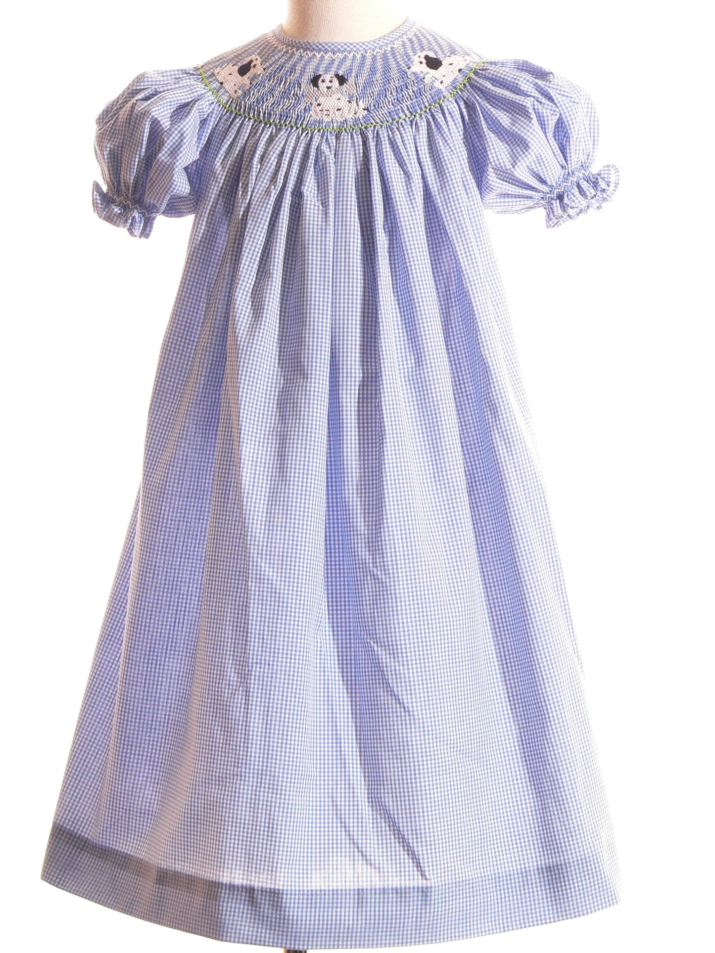 Blue Gingham Short Bishop Sleeve Dress Featuring PUPPIES Hand-Smocked