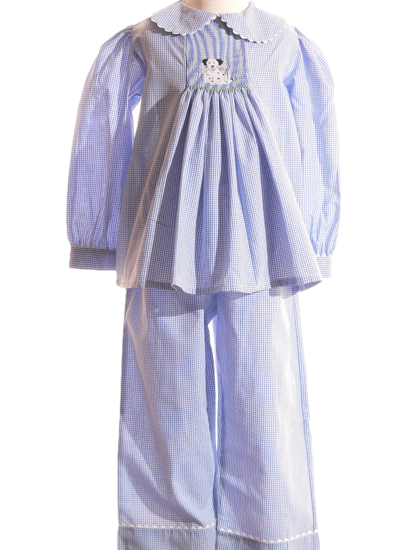 Blue Gingham Pant Set Featuring PUPPIES Hand-Smocked