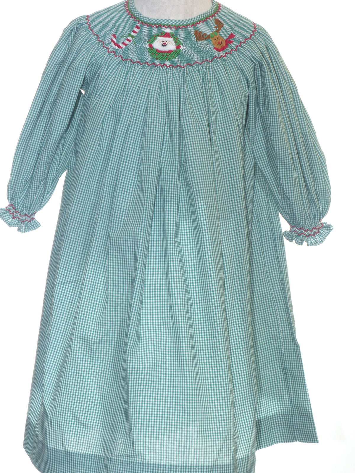 Green Gingham Long-Sleeve Bishop Dress With "JOY" Hand-smocked