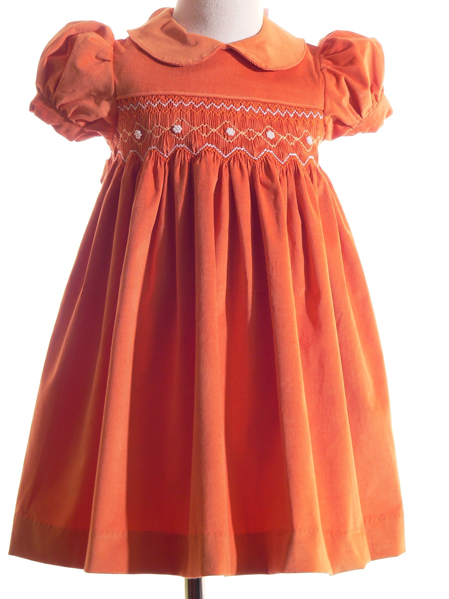 Orange Corduroy Geo Smocked Short Sleeve Dress