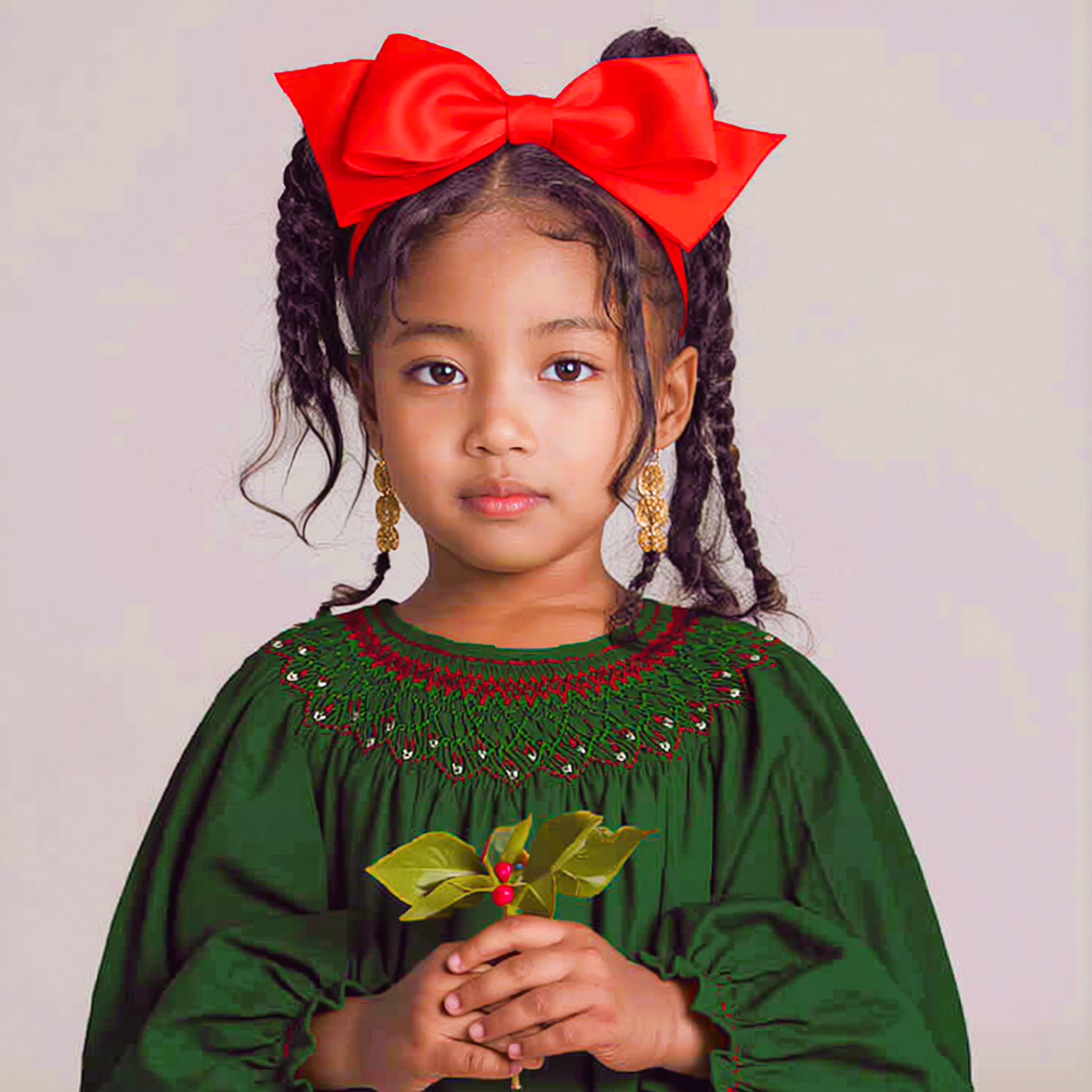 Green Geometric Smocked Long Sleeve Dress