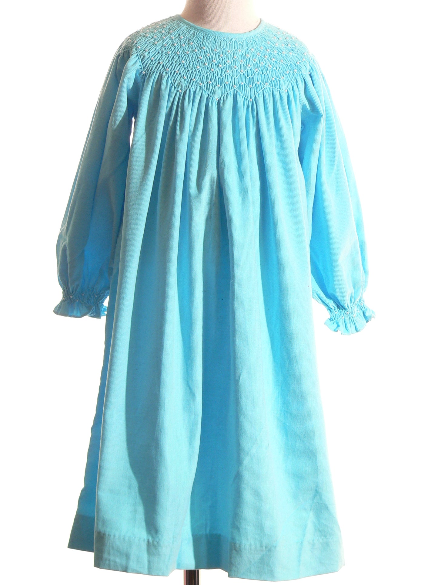 Blue Corduroy Geo Smocked With Pearls Long Sleeve Bishop Dress