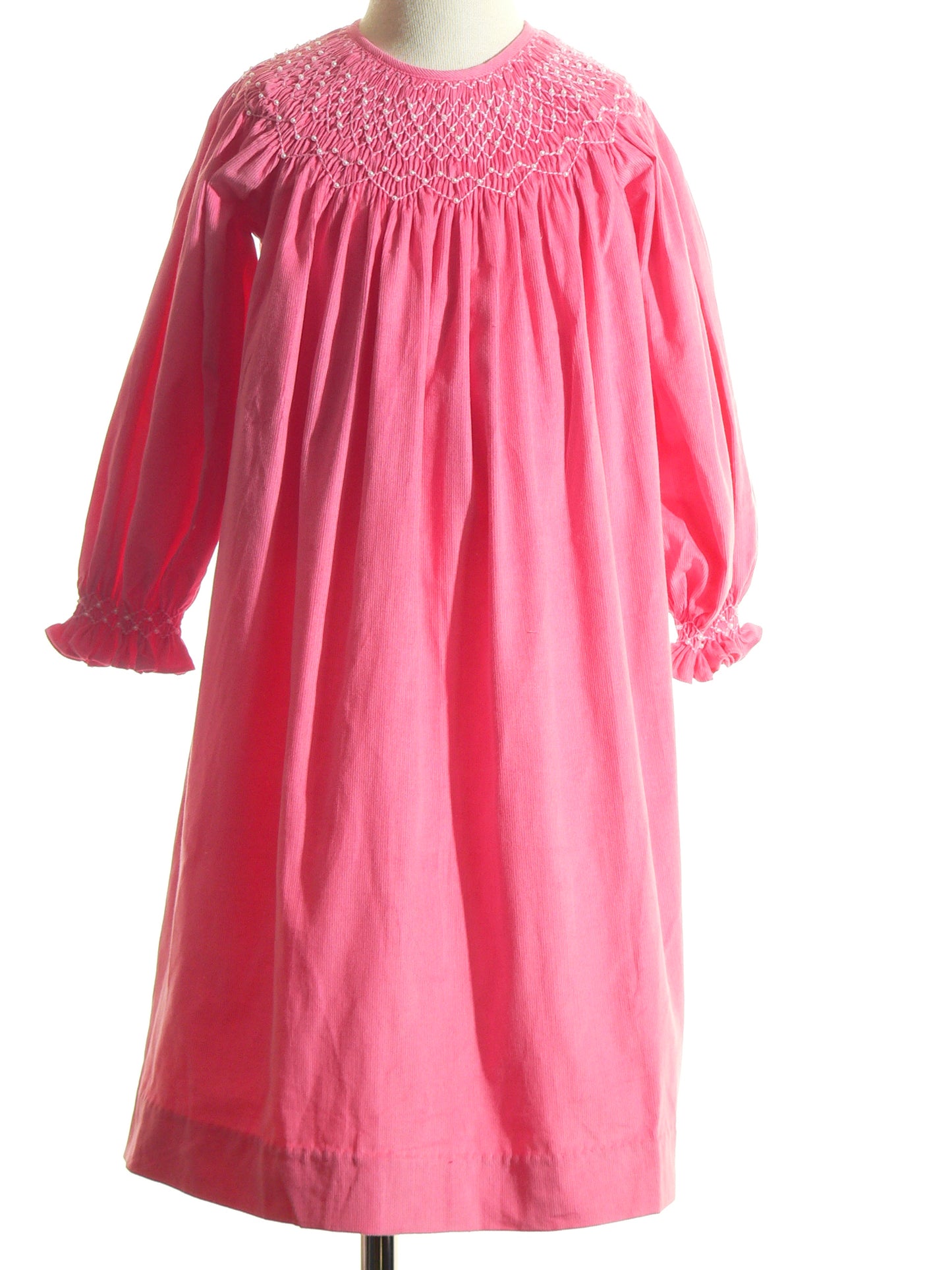 Pink Corduroy Geo Smocked Long Sleeve Bishop Dress