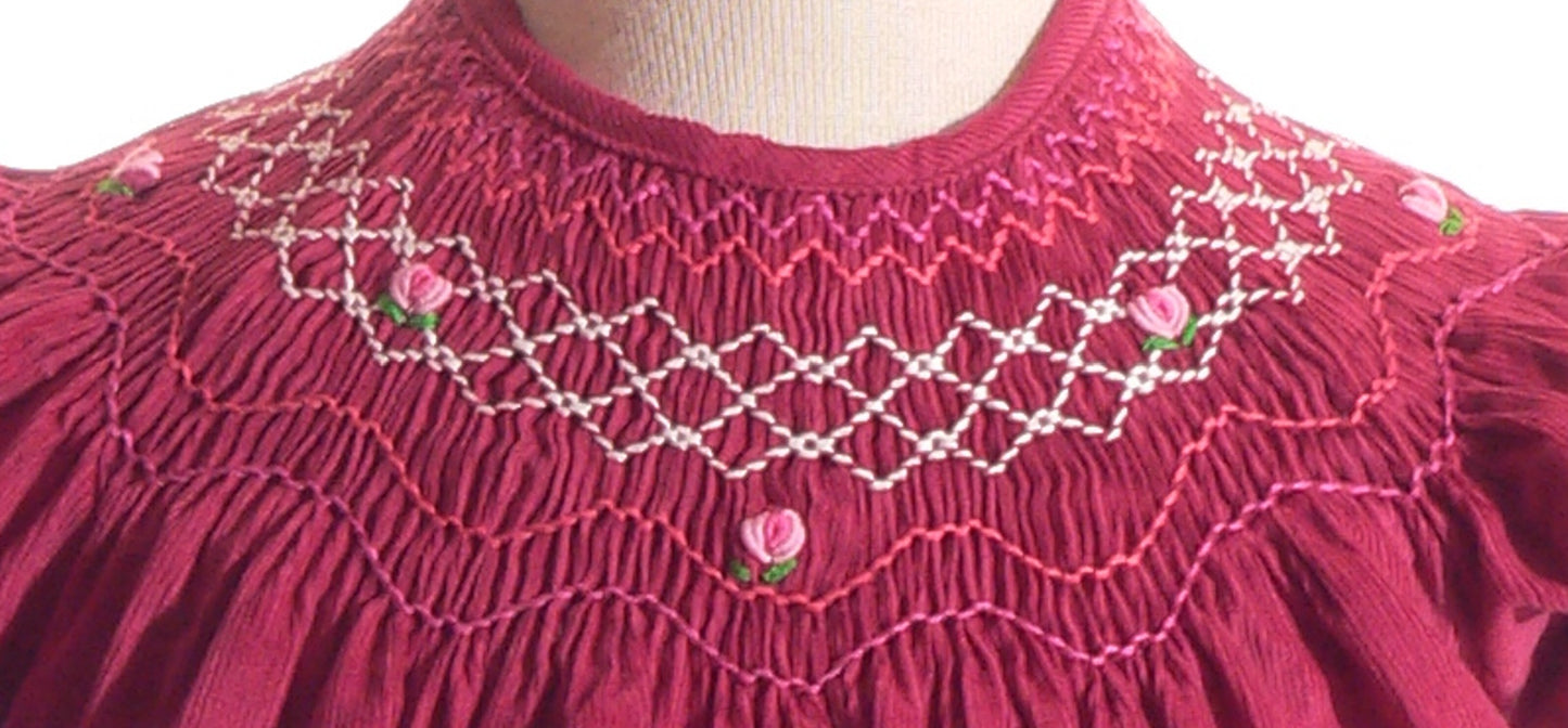 Pink Corduroy Geo Smocked With Roses Short Sleeve Bishop Dress