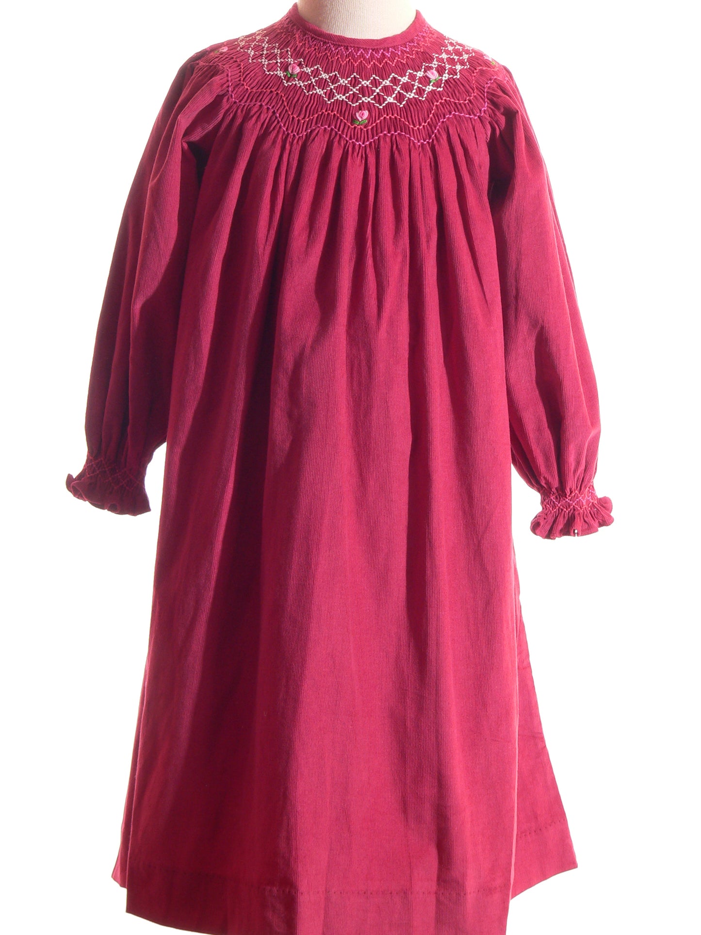 Pink Corduroy Geo Smocked With Roses Long Sleeve Bishop Dress