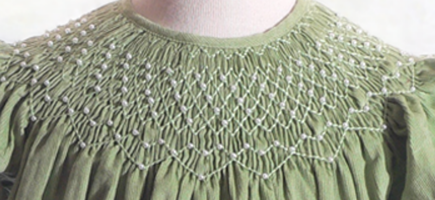 Green Corduroy Pearl Smocked Short Sleeve Bishop Dress