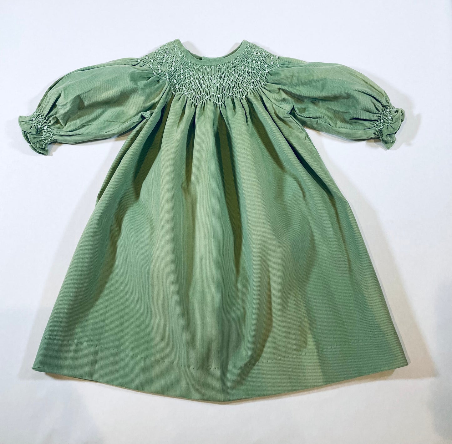 Green Corduroy Smocked with Pearl Bishop Dress