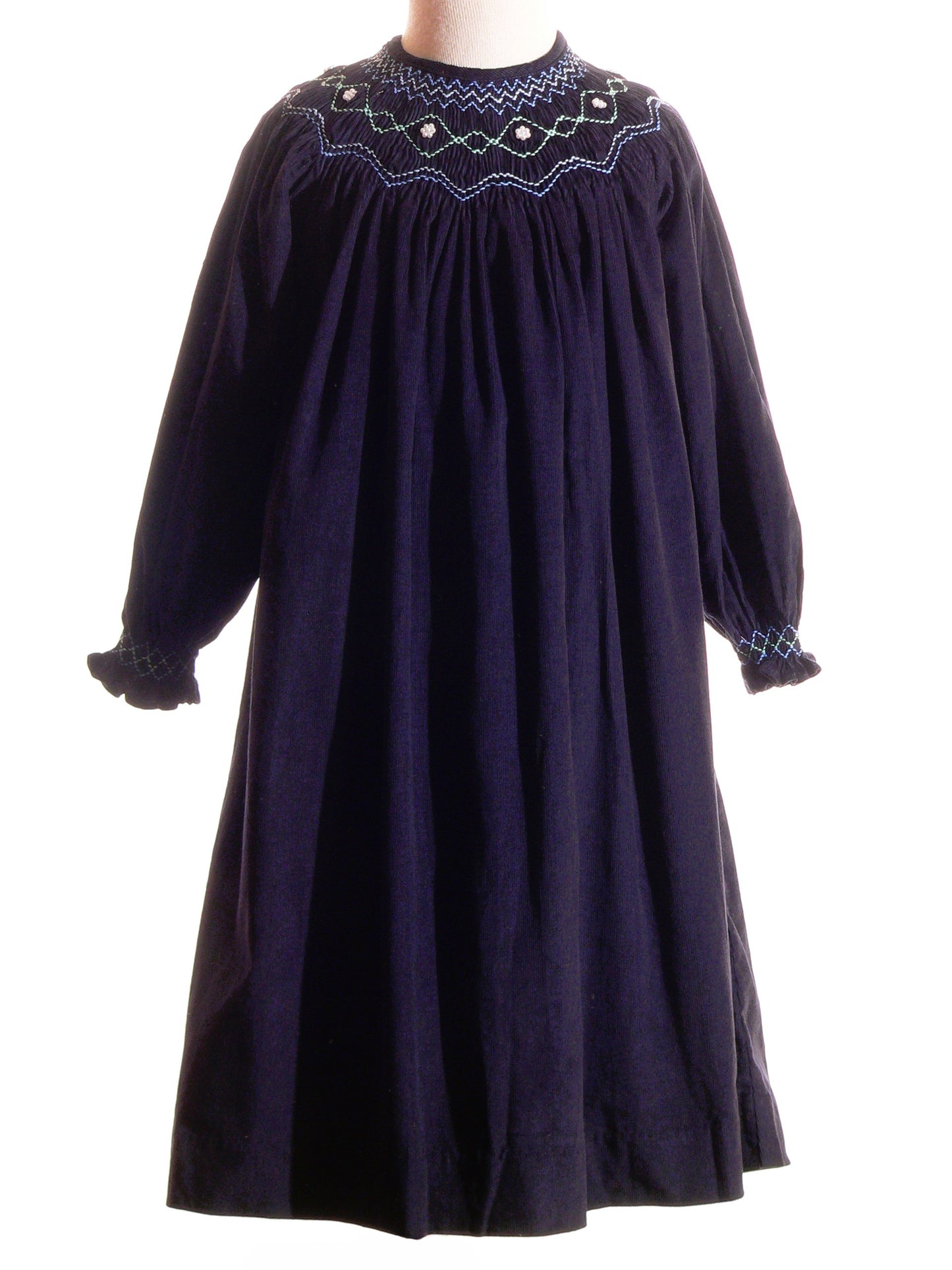 Navy Corduroy Geometric Smocked with Pearl Long Sleeve Bishop Dress