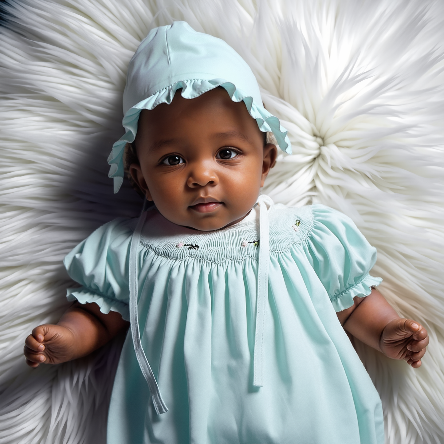 Mint Geometric Smocked With Flowers Short Bishop Sleeve Dress & Beautiful Bonnet