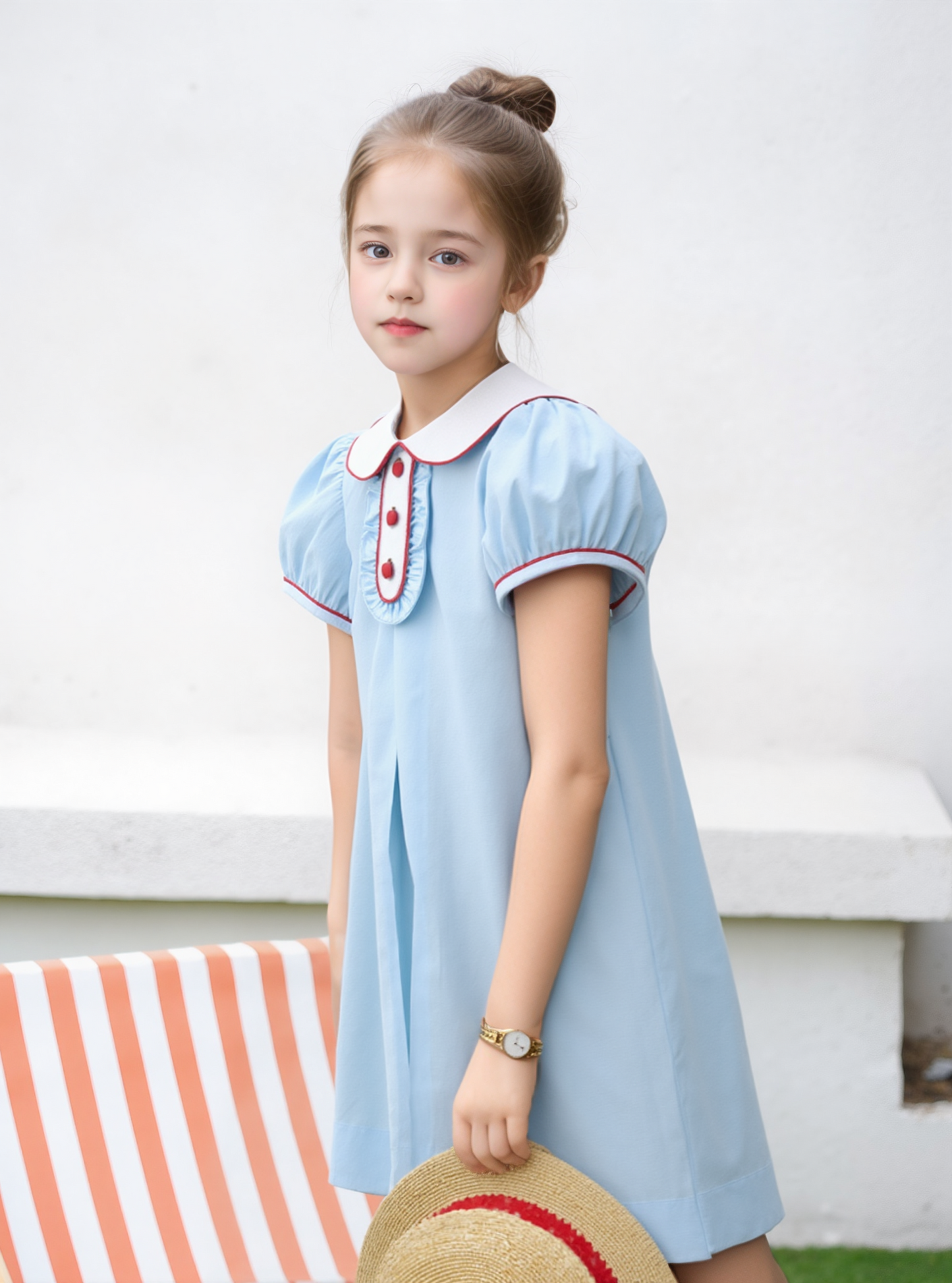 Blue Peter Pan Collar Pleated Dress With APPLES embroidered