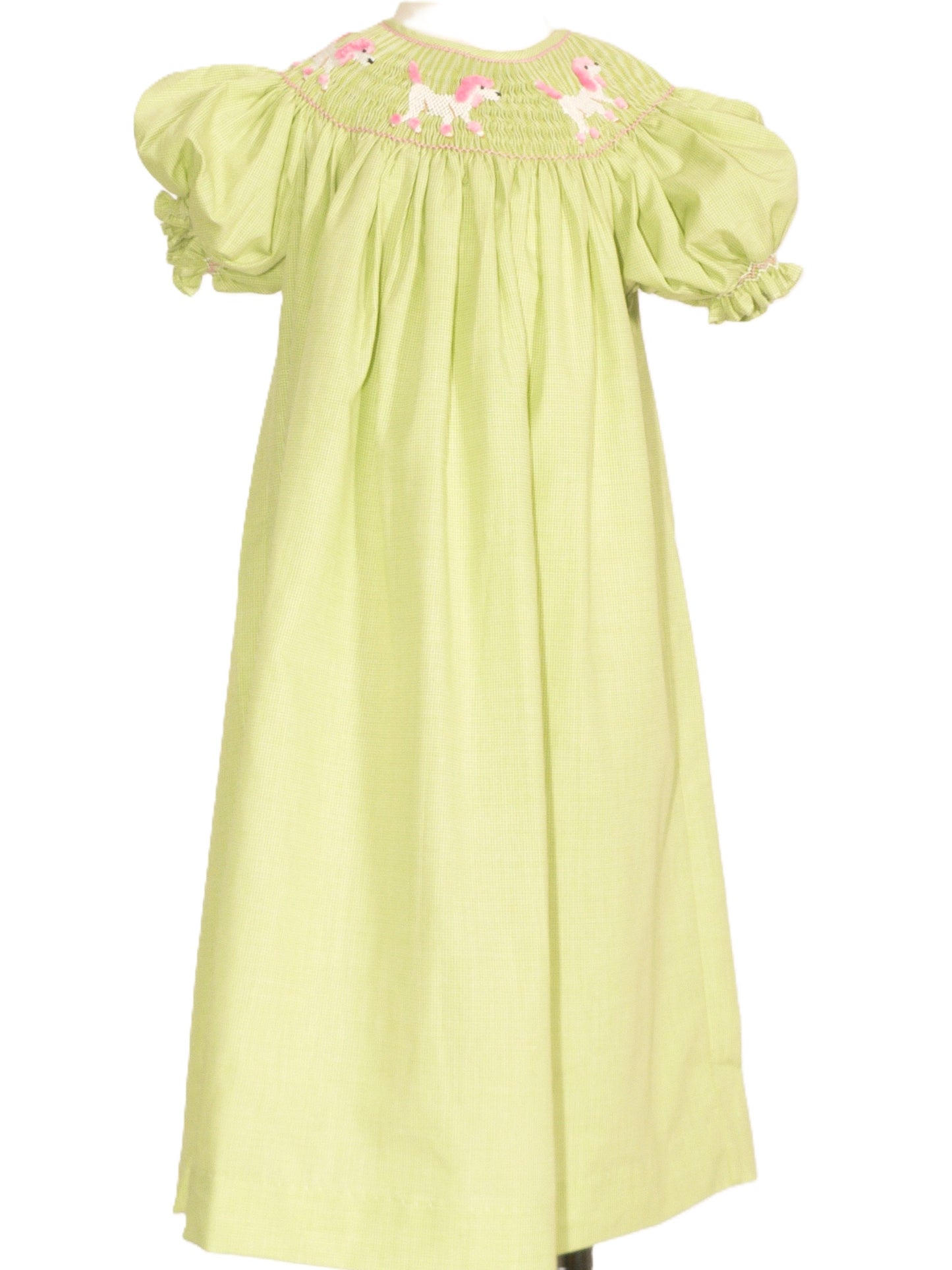 Green Gingham Poodle Smocked Short Sleeve Bishop Dress