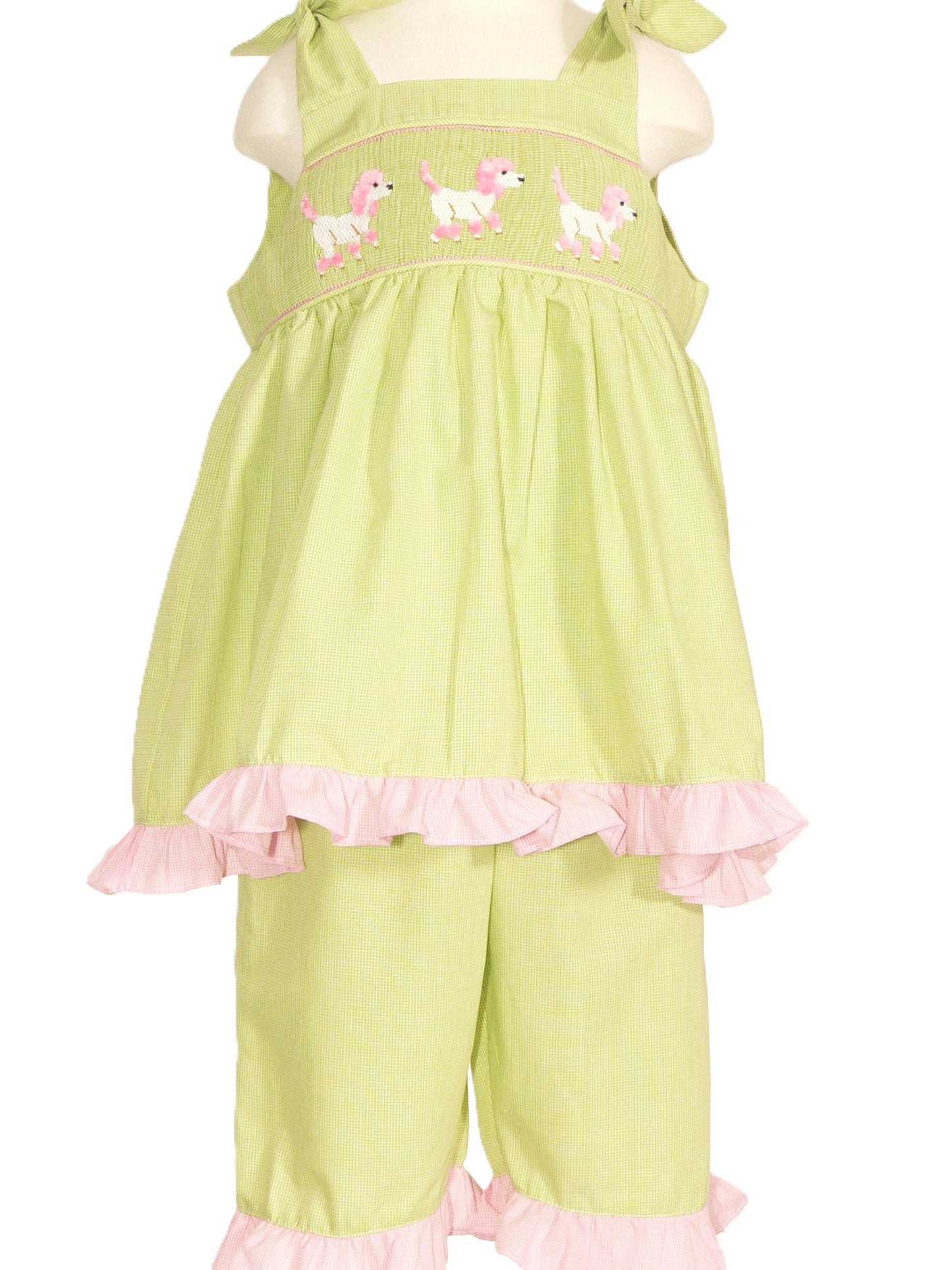 Green Gingham Poople Smocked Tie Shoulder Short Set