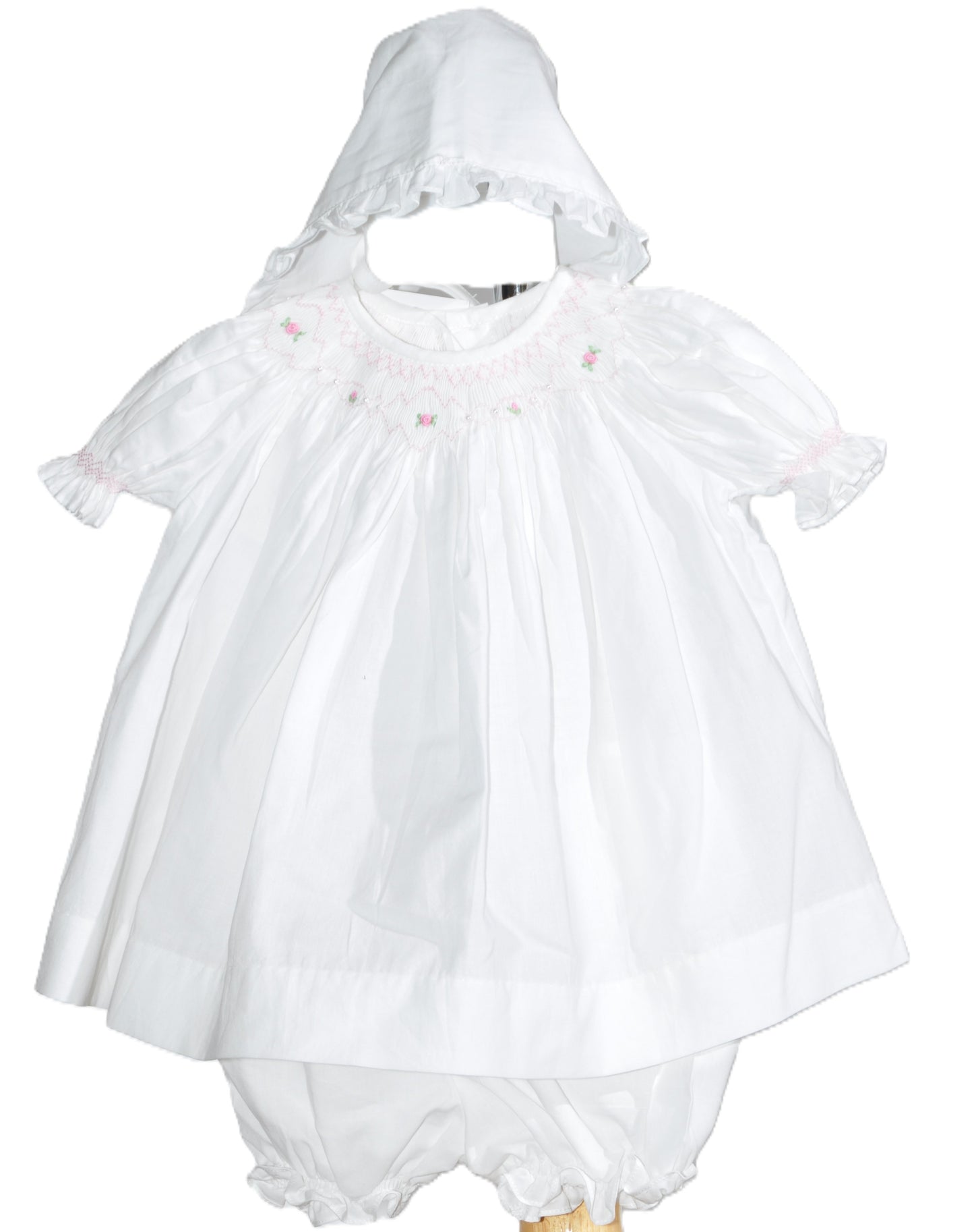 White Geometric Smocked With Roses Short Bishop Sleeve with Beautiful Bonnet