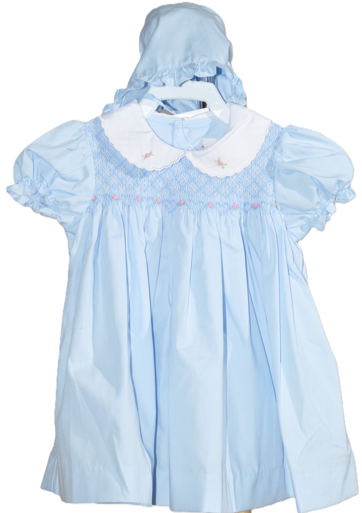 Blue Geometric Smocked With Roses Short Sleeve Dress & Beautiful Bonnet