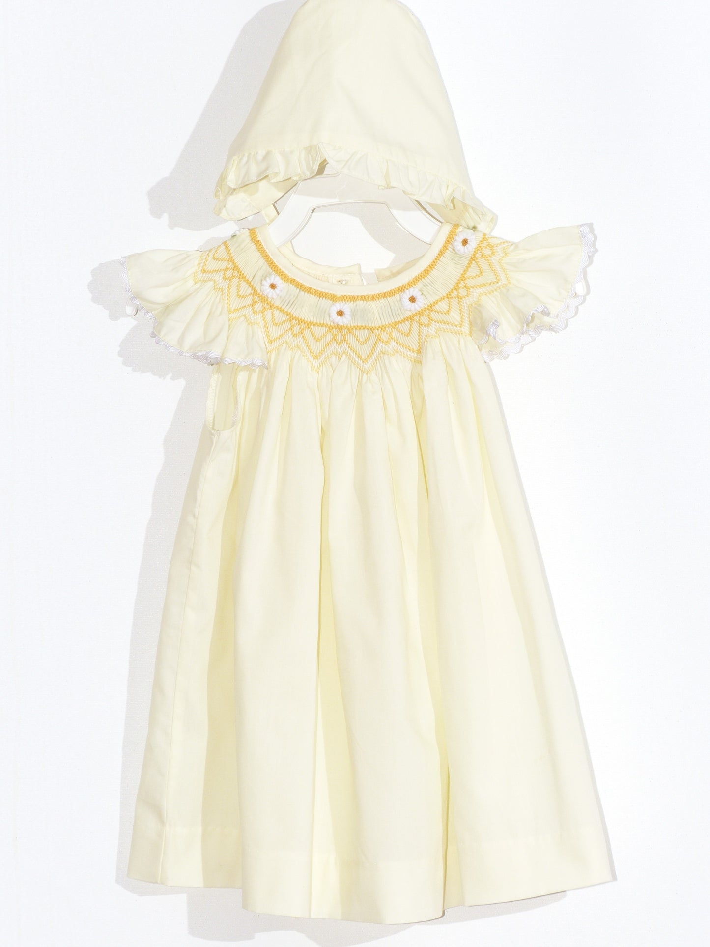 Light Yellow Smocked Angel Wing Sleeve Dress with Beautiful Bonnet