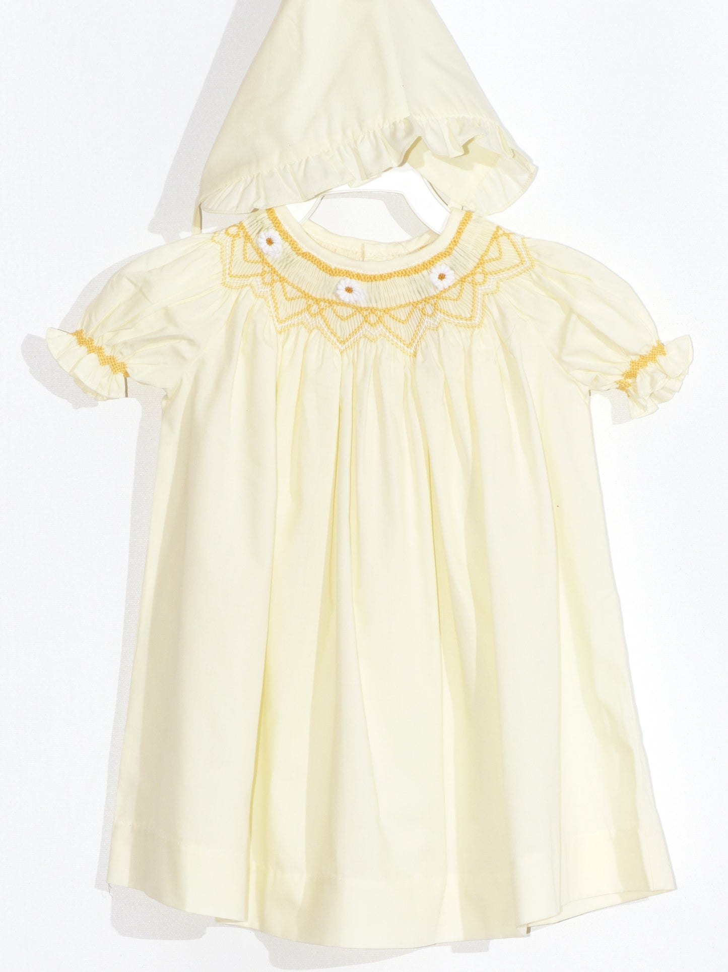 Light Yellow Smocked Bishop Sleeve Dress with Beautiful Bonnet