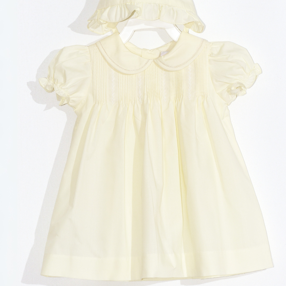 Yellow Hand Embroidered & Pleated Dress with Bonnet