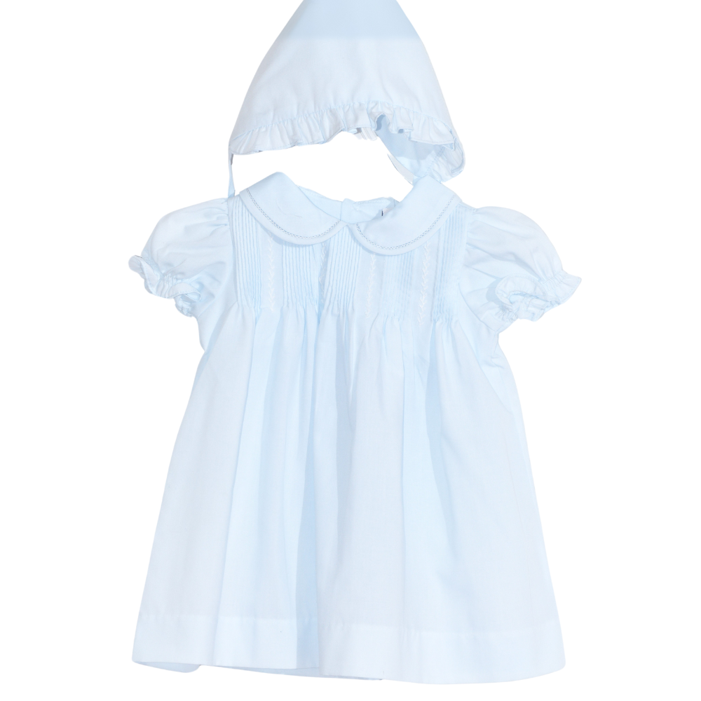 Blue Hand Embroidered & Pleated Dress with Bonnet