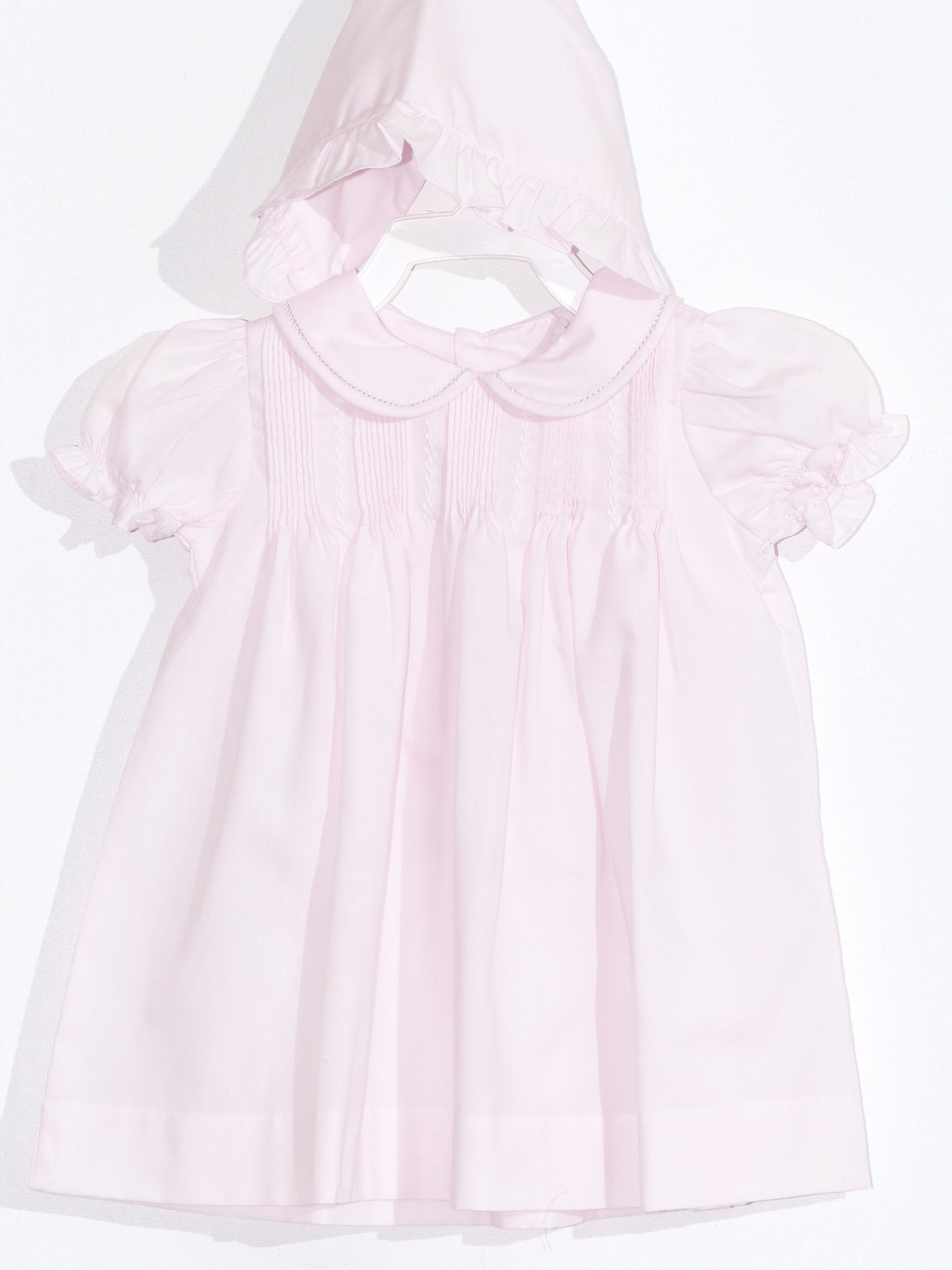 Pink Hand Embroidered & Pleated Dress with Bonnet