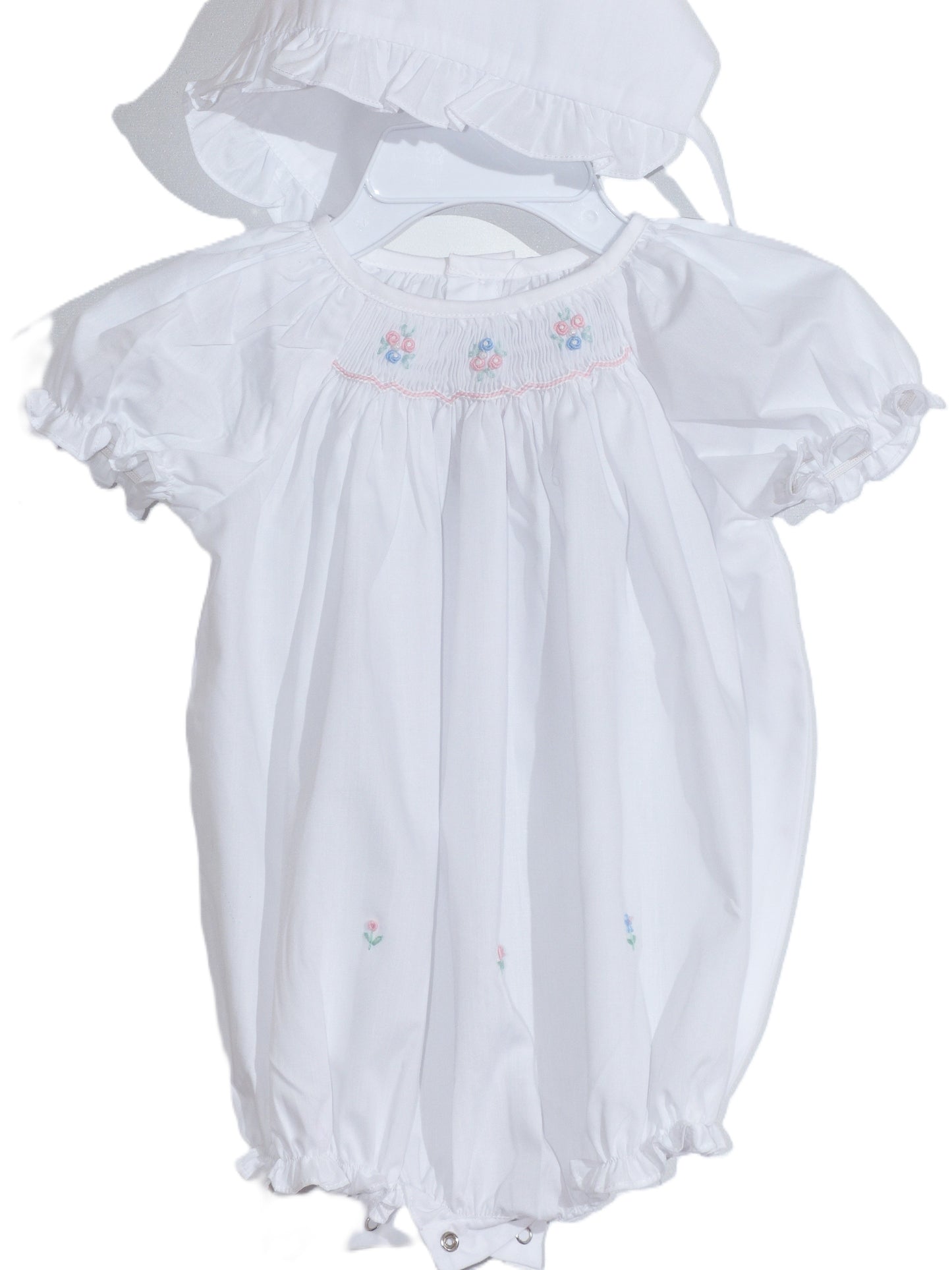 White Geometric Smocked with Flowers Short Sleeve Dress & Beautiful Bonnet
