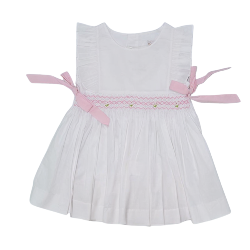 White Sleeveless Geometric Waist Smocked with Little Pink Bows