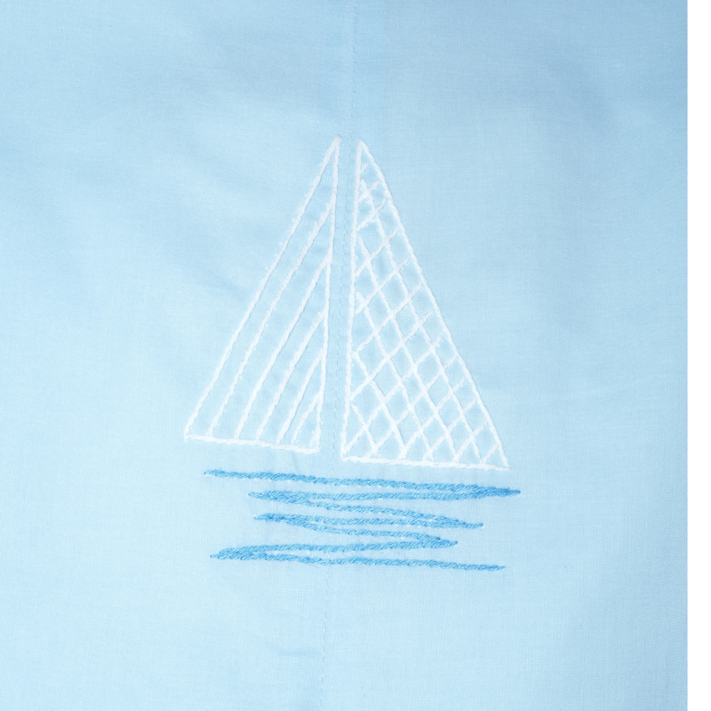 Light Blue Boy Boat Embroidered Shortall