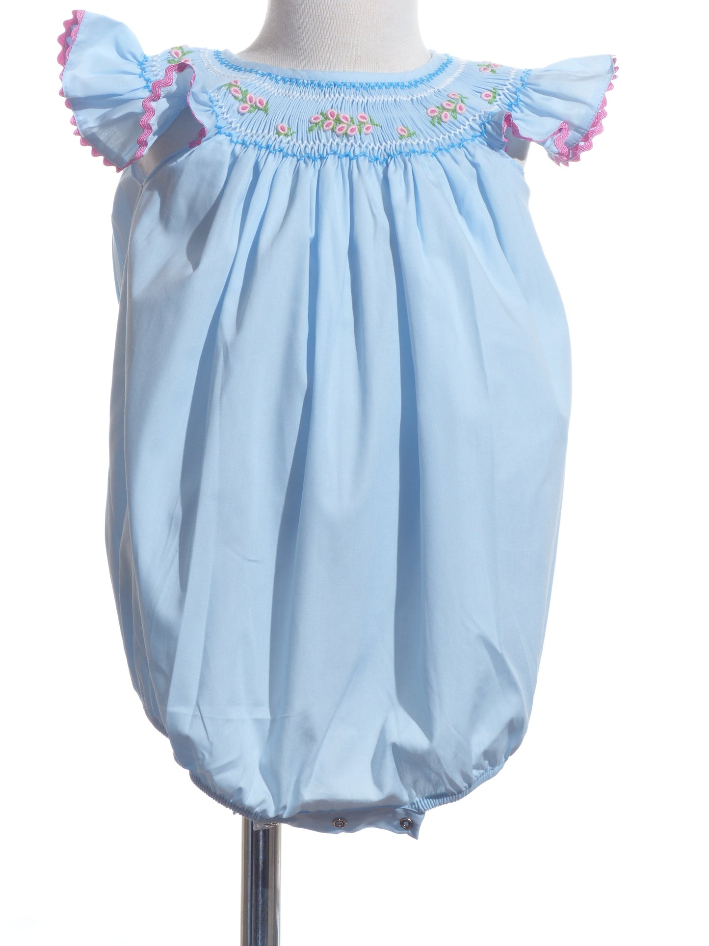 Blue Geo Smocked With Flowers Angel Sleeve Bubble