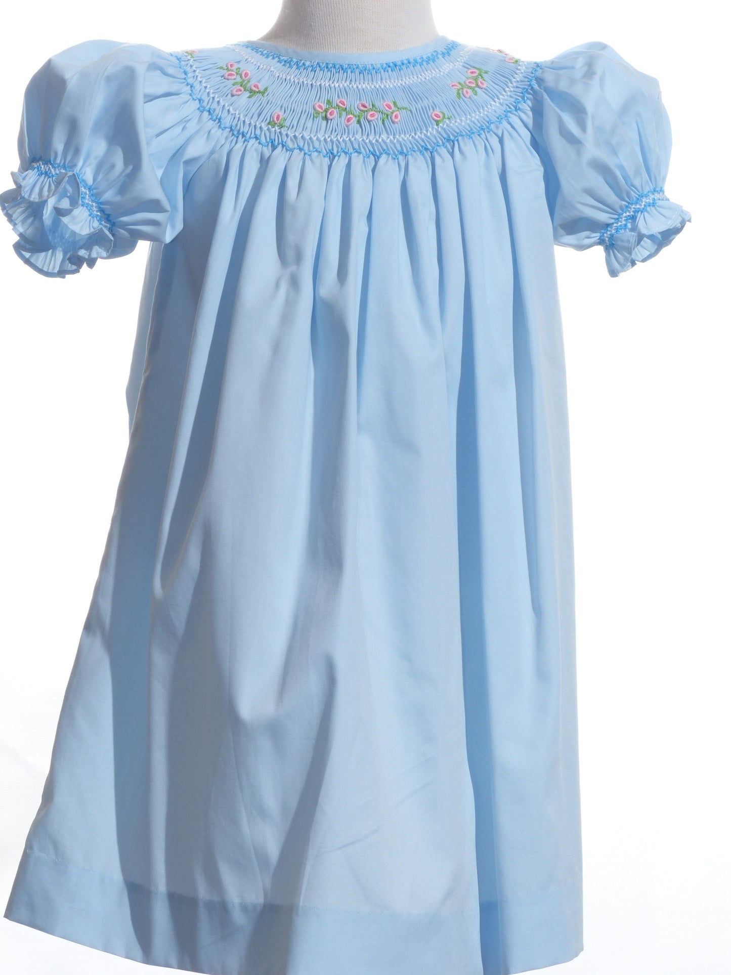 Blue Geo Smocked With Flowers Short Sleeve Bishop Dress