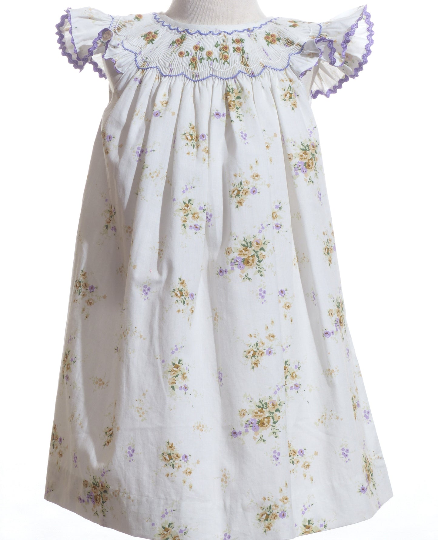 White Dress With Delicate Yellow Floral Print & Purple Geometric Smocked Detailing