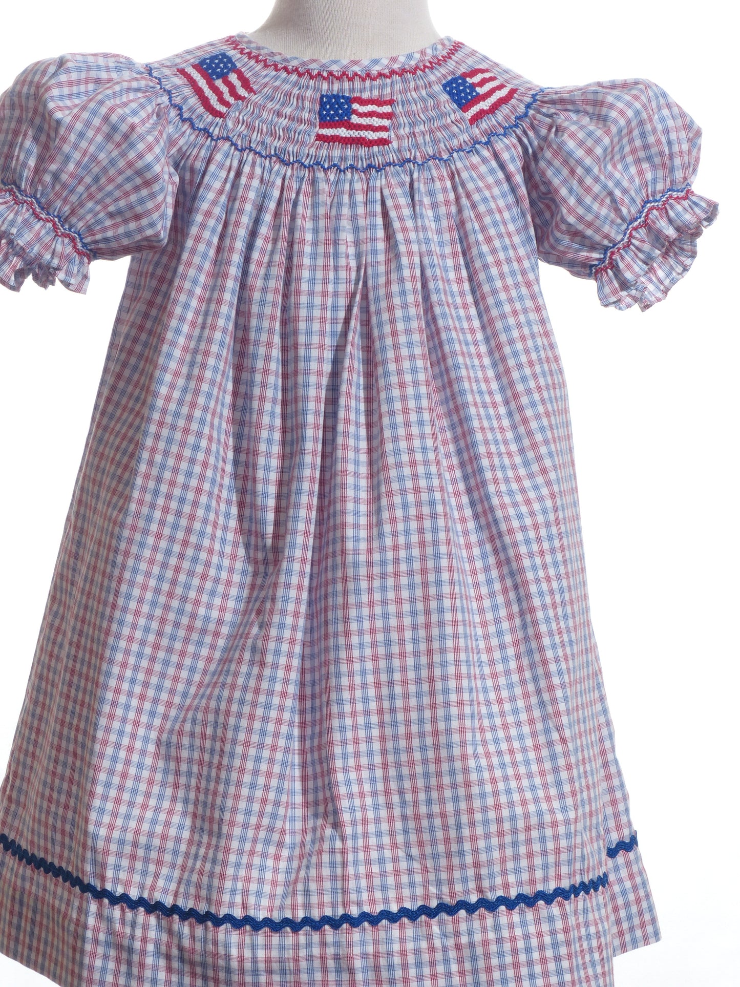 Red, White, BLue Gingham American Flags Smocked with Bishop Sleeve