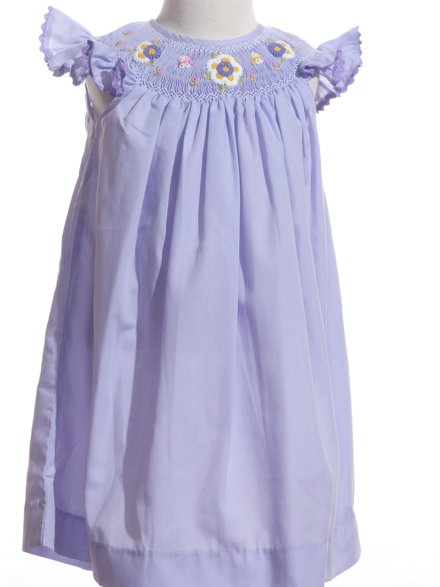 Purple Daisies Smocked Angel Sleeve Bishop Dress