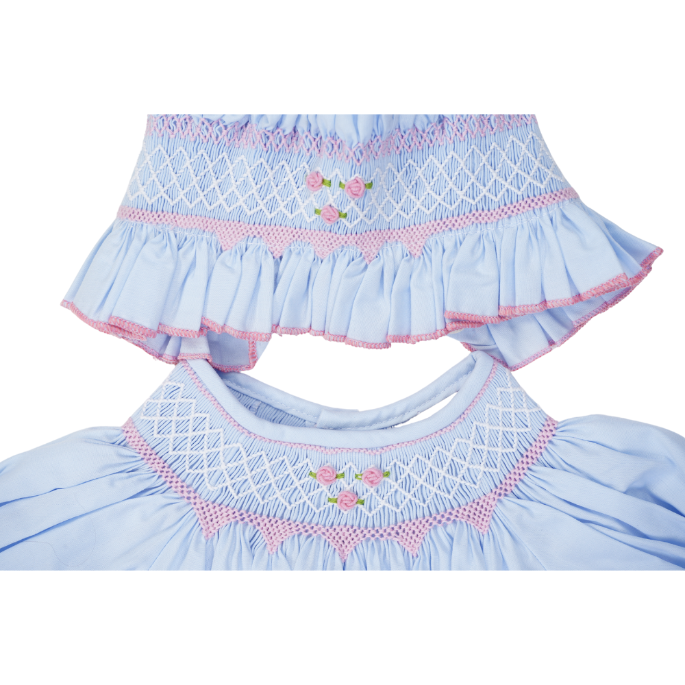Blue Smocked Short Sleeve Gown with Smocked Bonnet