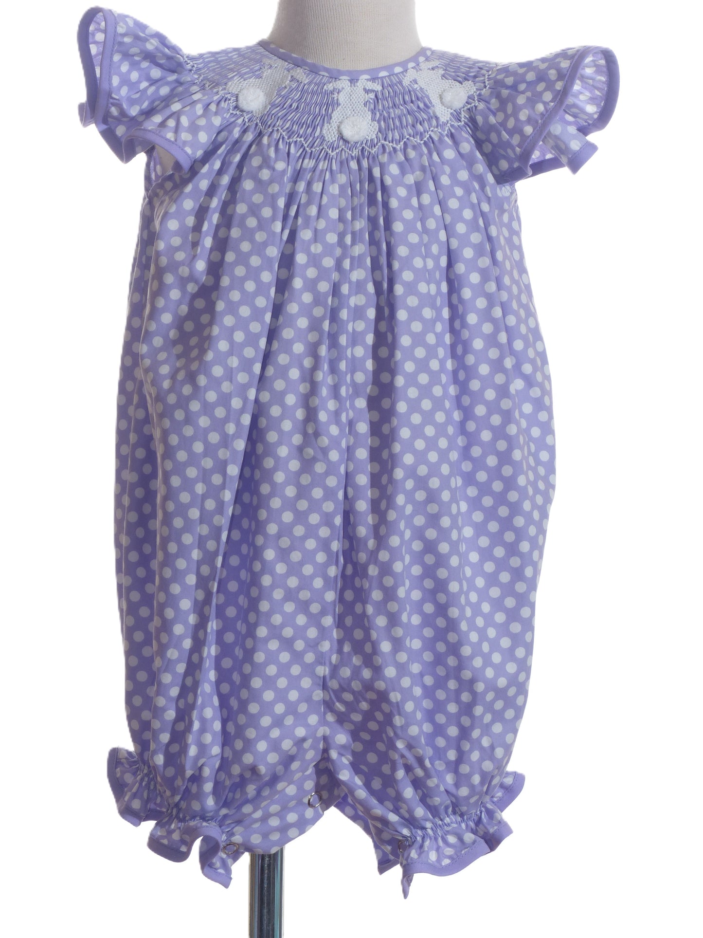Purple Polka Dot Bunny Smocked Angle Wing Sleeve Romper