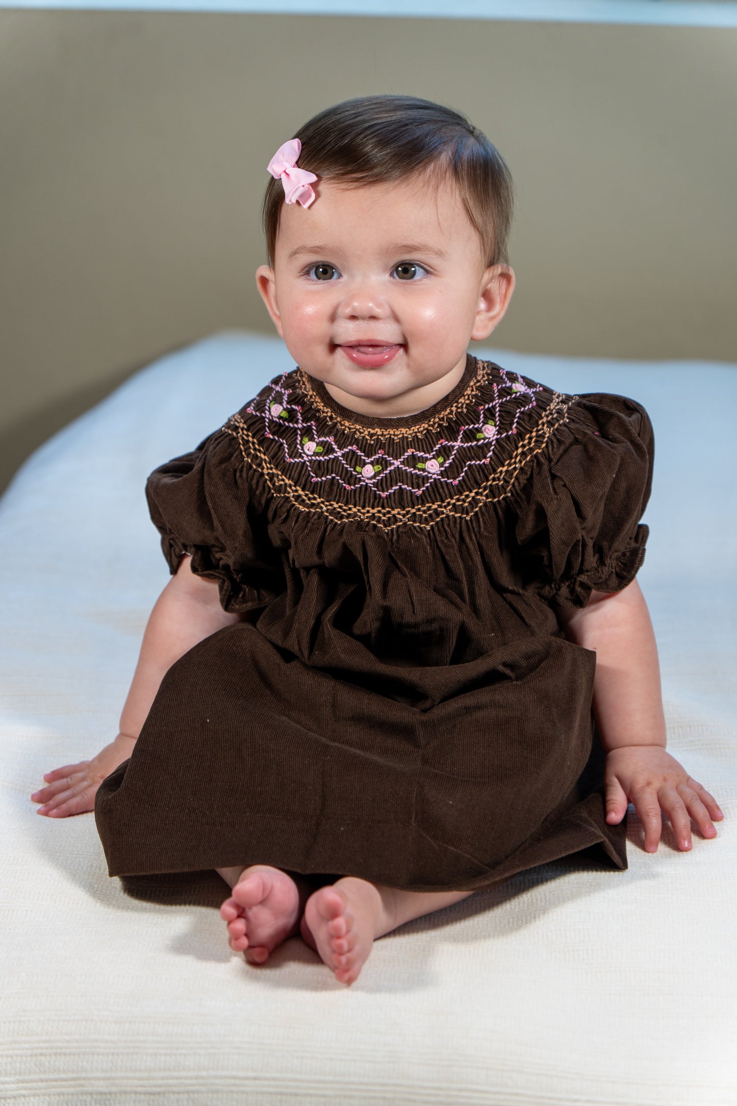 Brown Corduroy Geo Smocked Bishop Dress