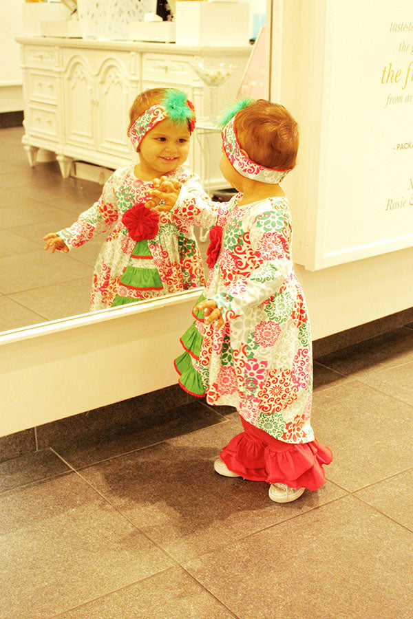 Christmas Tree Dress & Red Corduroy Ruffle Pant Outfit