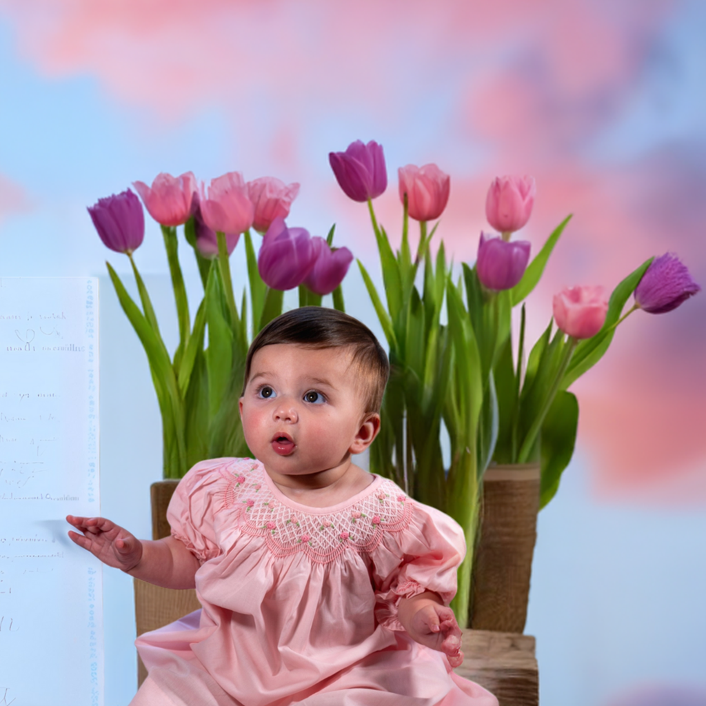 Solid Pink Geo Smocked Short Sleeve Bishop Dress