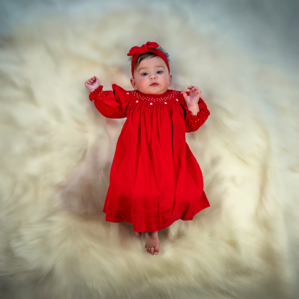 Red Corduroy Smocked Pearl Bishop Dress