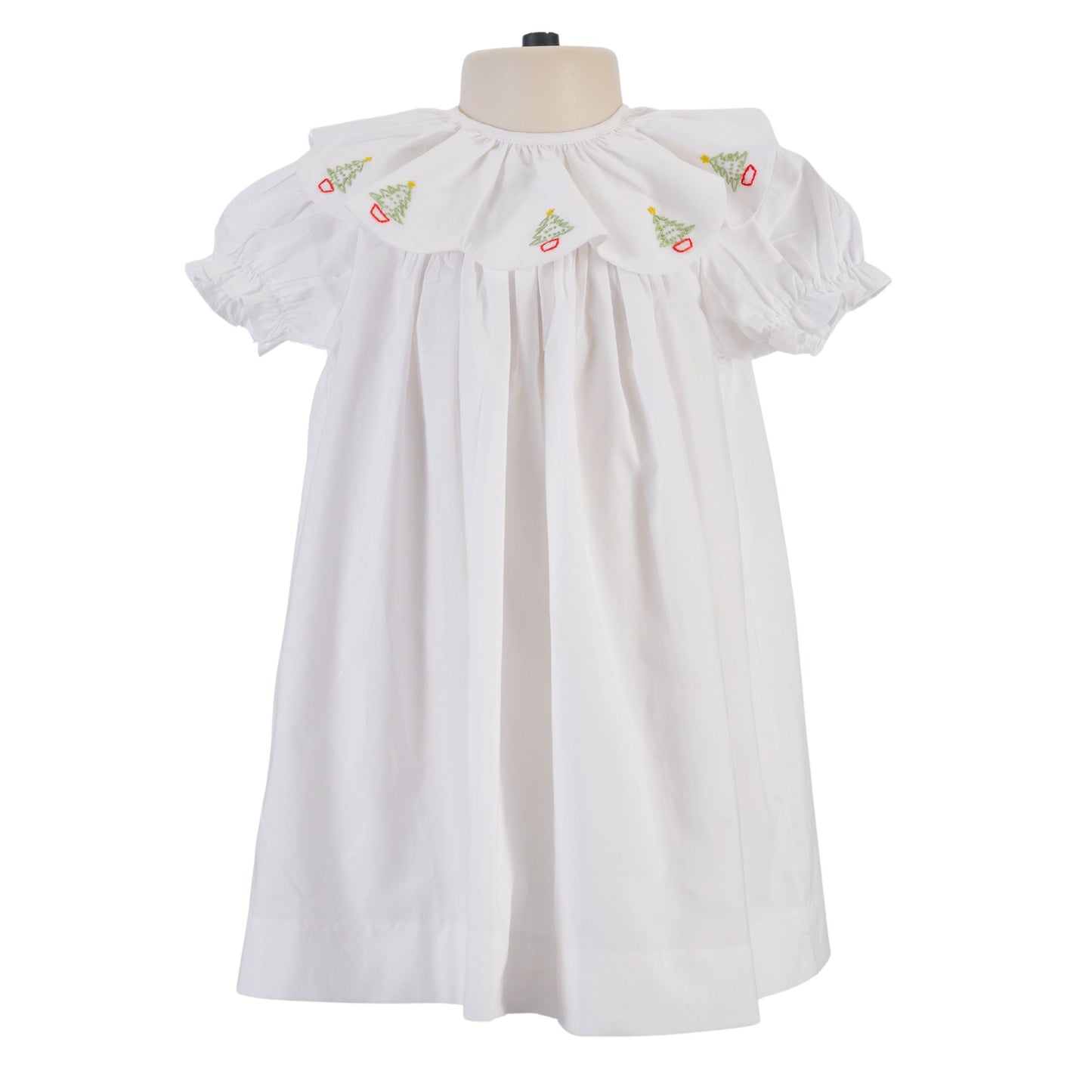 White Heirloom Style Dress with Christmas Tree Embroidered Portrait Collar