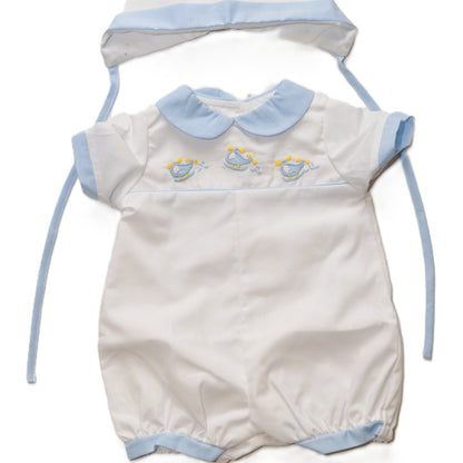 White Boys' Airplane Peter Pan Collar Bubble with Bonnet