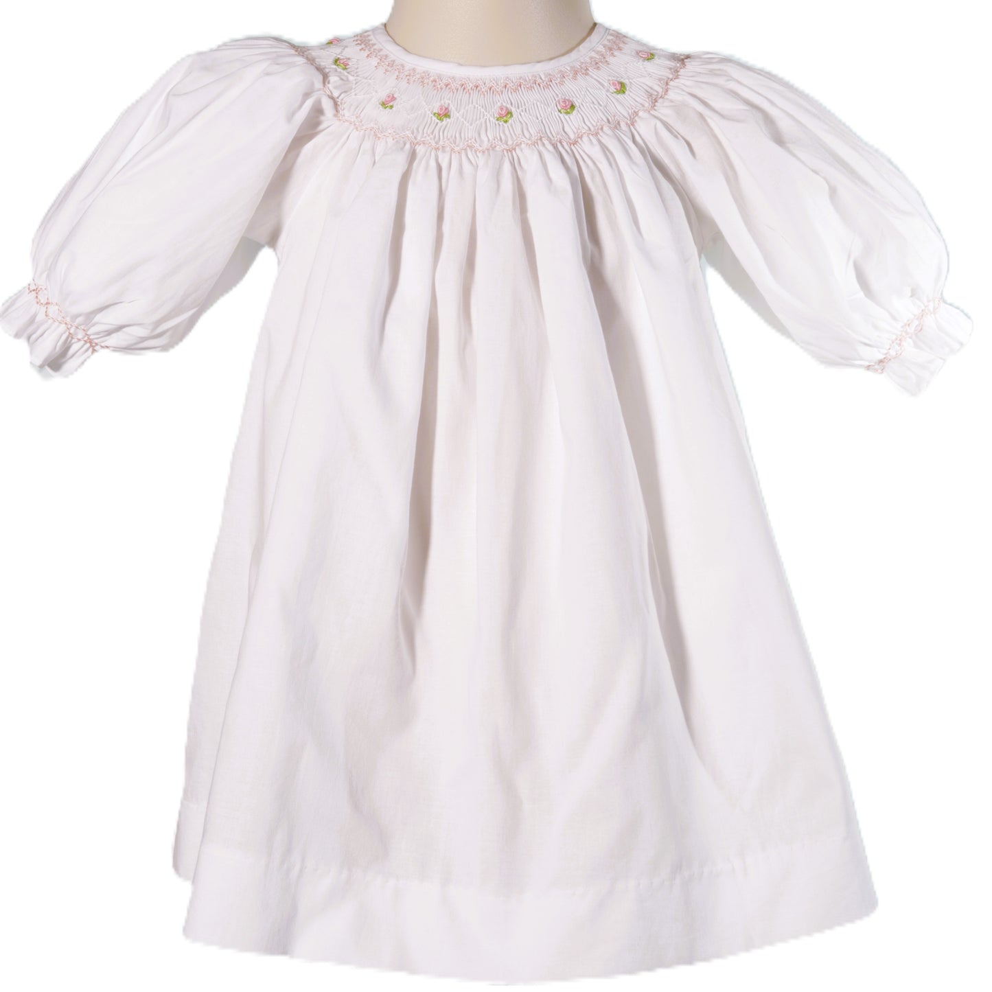 Geometric Smocked White Long Sleeve Bishop Dress