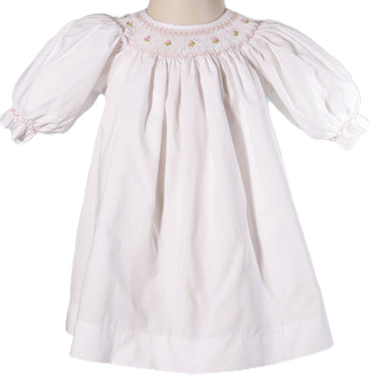 Geometric Smocked White Long Sleeve Bishop Dress